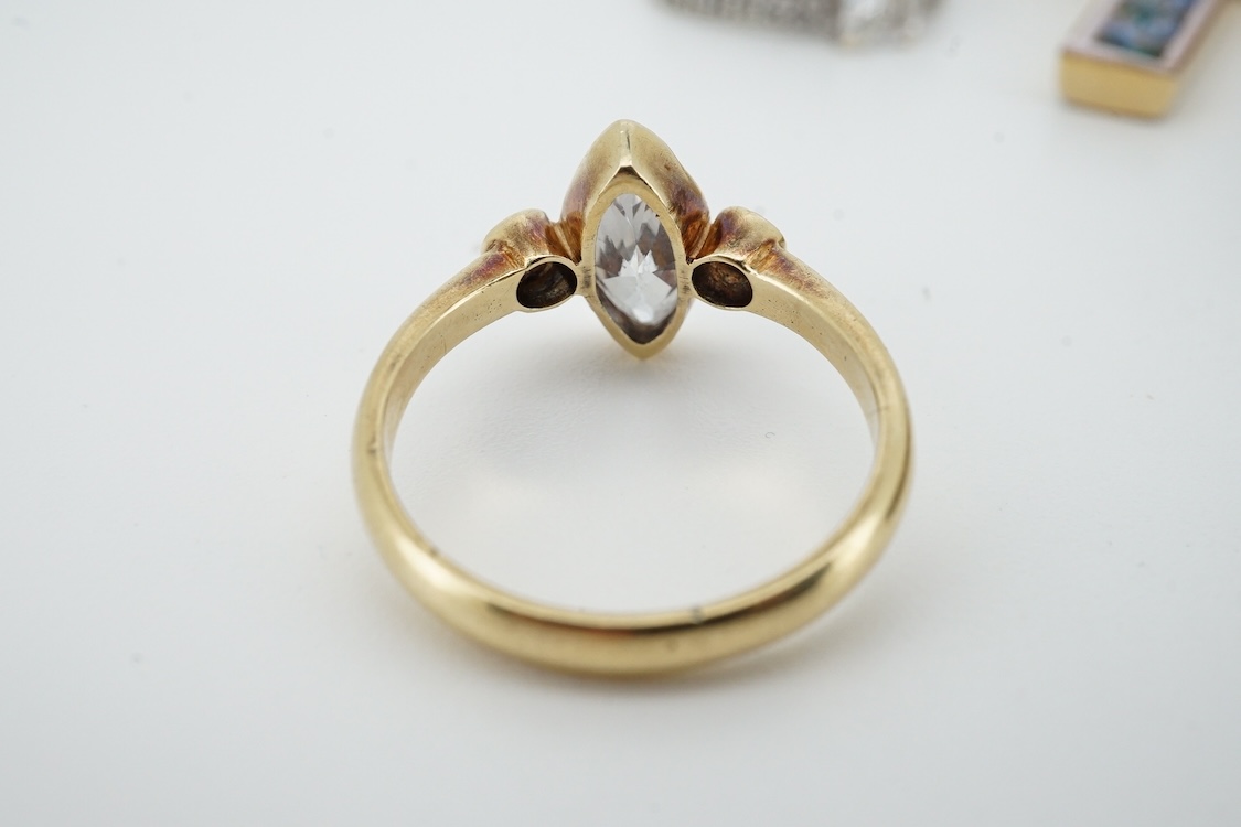 Two modern 9ct gold and cubic zirconia set rings, including white gold, two other simulated diamond set rings, together with an Italian cross pendant, a cameo brooch and an oval gilt metal locket.